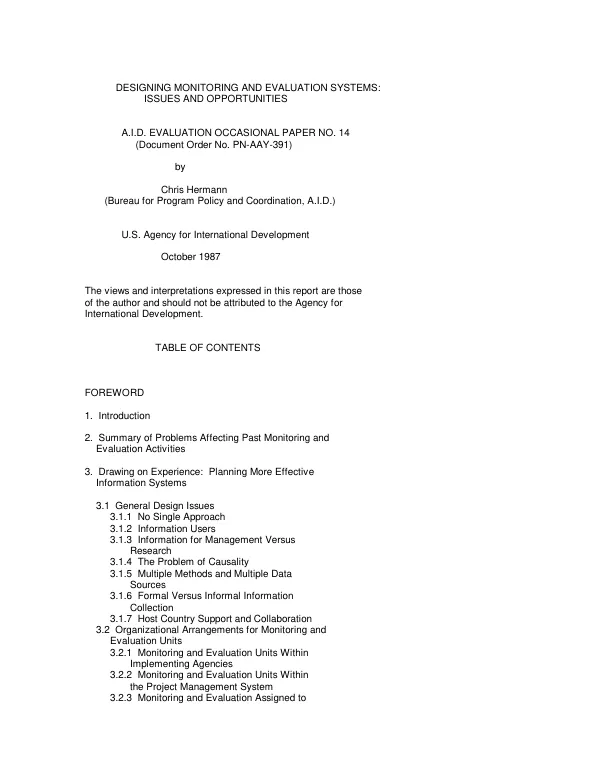 Designing monitoring and evaluation systems : issues and opportunities