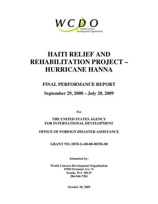 Haiti relief and rehabilitation project : Hurricane Hanna -- final performance report, September 29, 2008-July 28, 2009