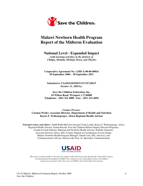 Malawi newborn health program report of the midterm evaluation : national level - expanded impact (with learning activities in the districts of Chitipa, Mzimba, Mchinji, Dowa, and Thyolo)
