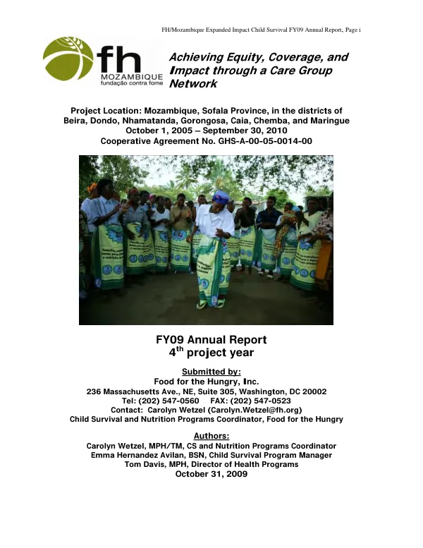 Achieving equity, coverage, and impact through a care group network : Mozambique, Sofala province, in the districts of Beira, Dondo, Nhamatanda, Gorongosa, Caia, Chemba, and Maringue -- October 1, 2005-September 30, 2010 : FY09 annual report, 4th project year