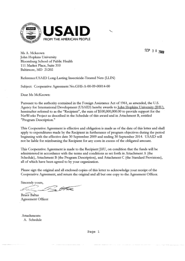 USAID long-lasting insecticide-treated nets (LLIN), cooperative agreement no. GHS-A-00-09-00014-00 with Bloomberg School of Public Health, Johns Hopkins University