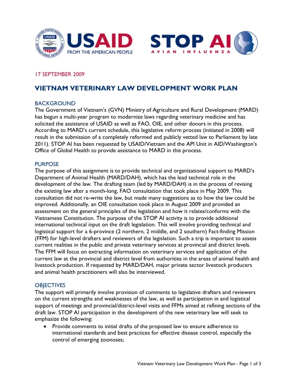 Vietnam Veterinary law development work plan