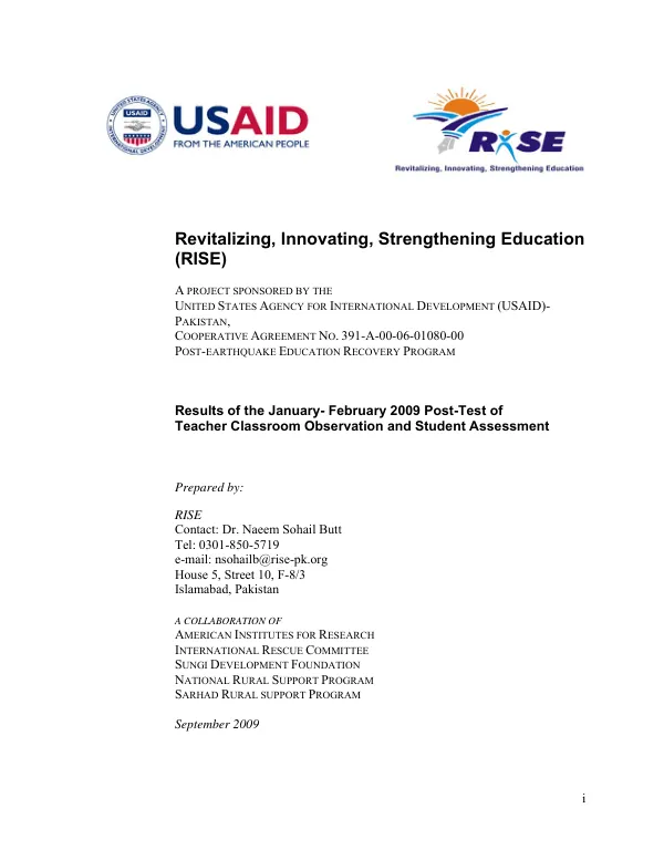 Results of the January-February 2009 post-test of teacher classroom observation and student assessment