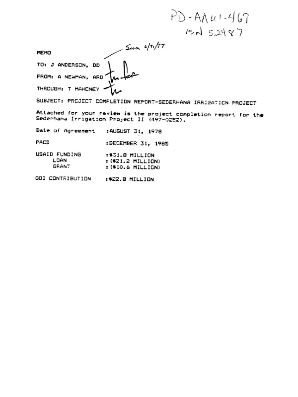Project completion report : Sederhana irrigation project II, project no. 497-0252
