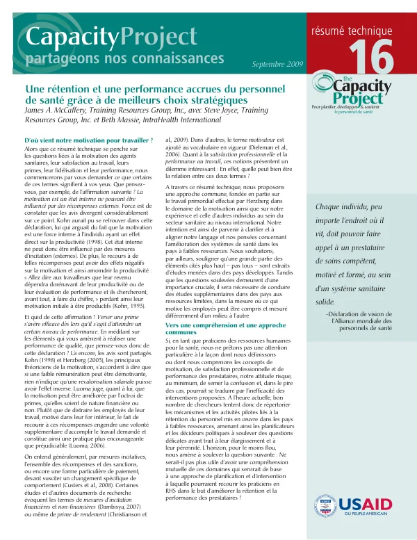 Une retention et une performance accrues du personnel de sante grace a de meilleurs choix strategiques