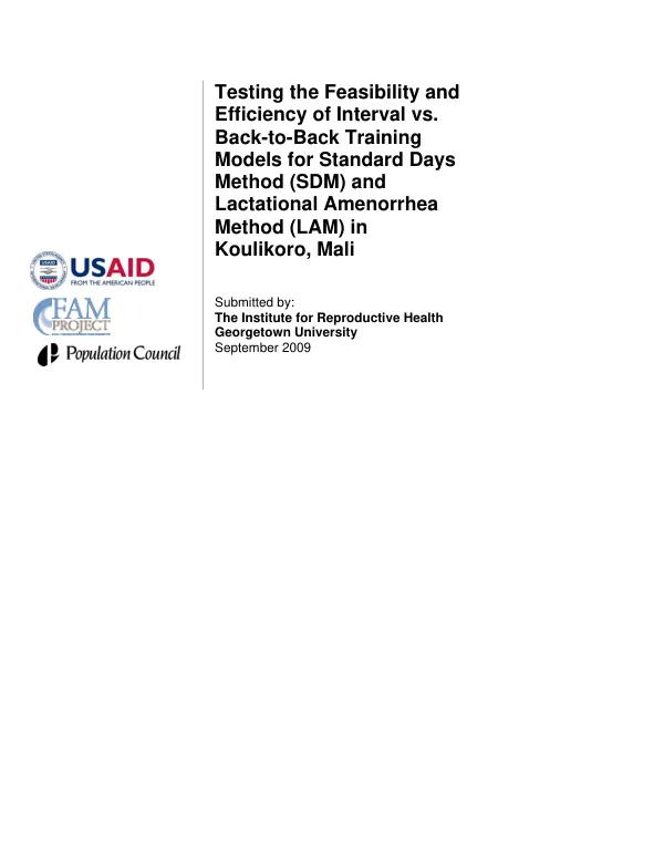 Testing the feasibility and efficiency of interval vs. back-to-back training models for standard days method (SDM) and lactational amenorrhea method (LAM) in Koulikoro, Mali