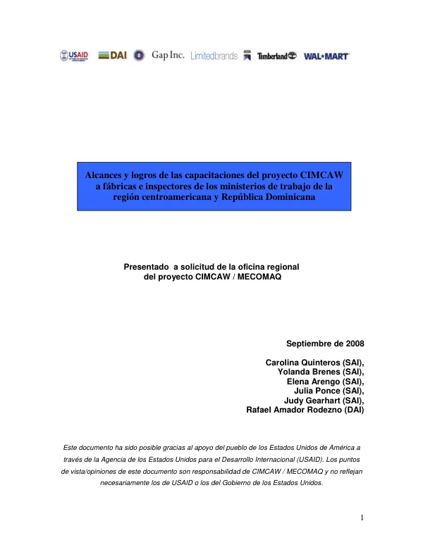 Alcabces y logros de las capacitaciones del proyecto CIMCAW a fabricas e inspectores de los ministerios de trabajo de la region centroamericana y Republica Dominicana