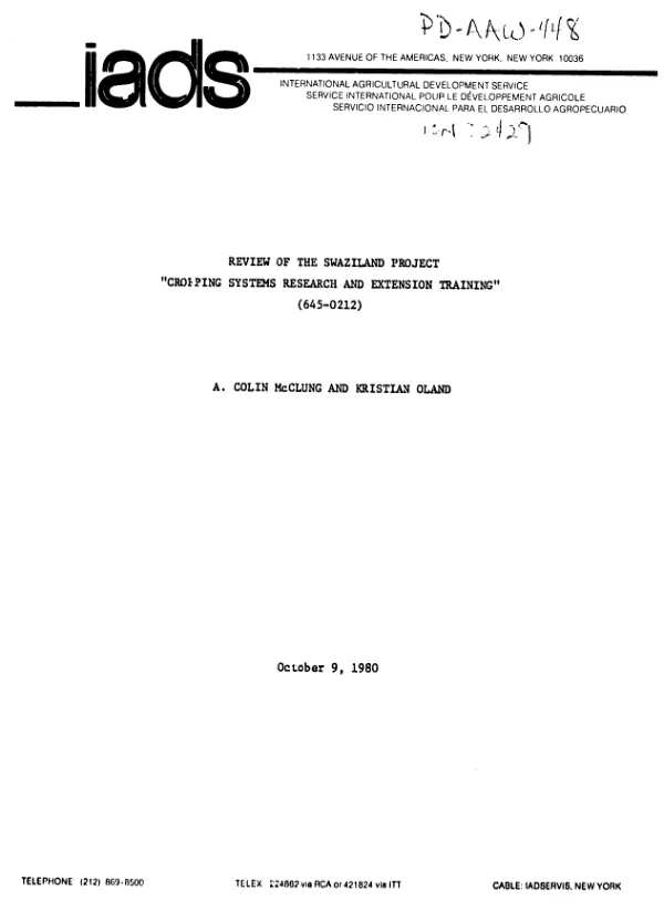 Review of the Swaziland project : cropping systems research and extension training (645-0212)