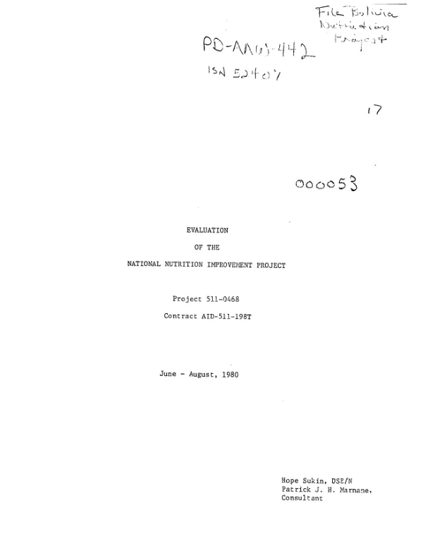 Evaluation of the national nutrition improvement project, project 511-0468, contract AID-511-198T