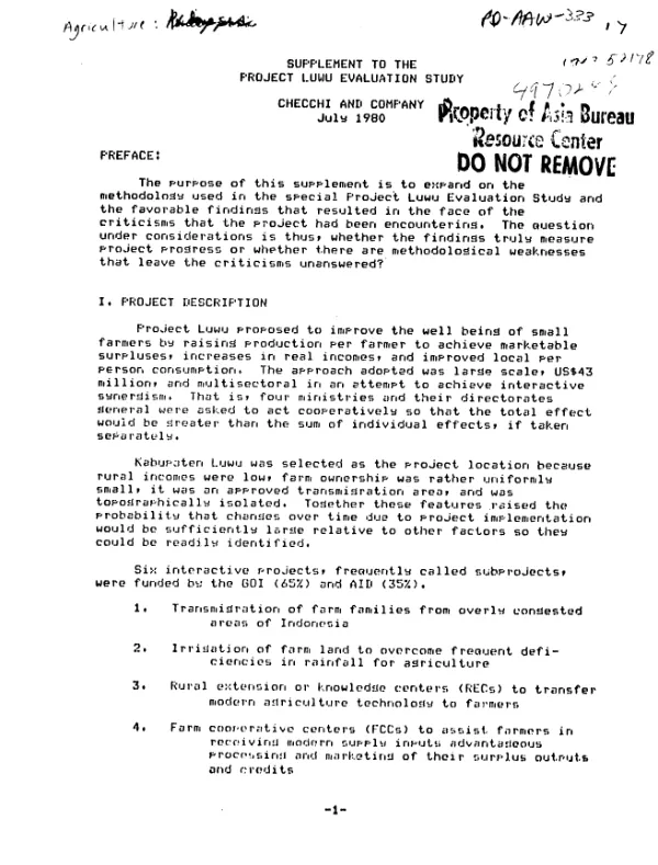 Supplement to the project Luwu evaluation study