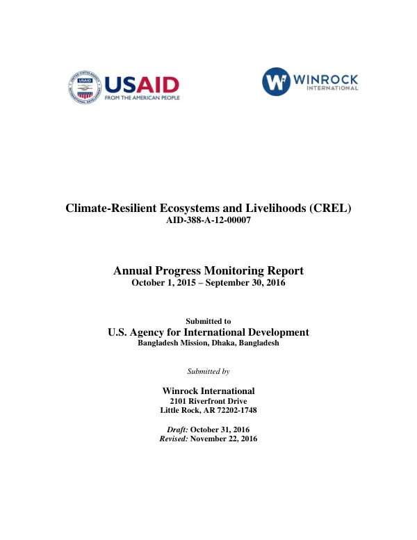Climate-Resilient Ecosystems and Livelihoods (CREL) Annual Progress Monitoring Report October 1, 2015 - September 30, 2016