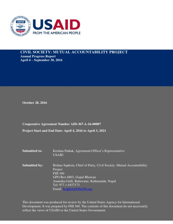 Civil Society: Mutual Accountability Project - Annual Progress Report FY16 (April 04, 2016-September 30, 2016)