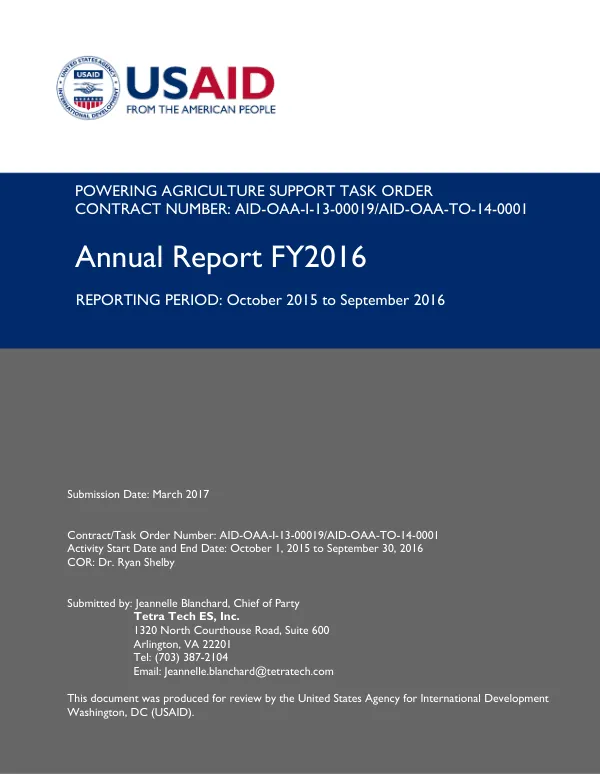 Powering Agriculture Support Task Order Annual Report for Reporting Period FY2016