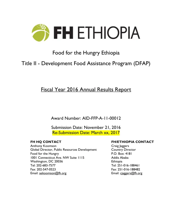 FOOD FOR THE HUNGRY ETHIOPIA FY 16 ARR NARRATIVE