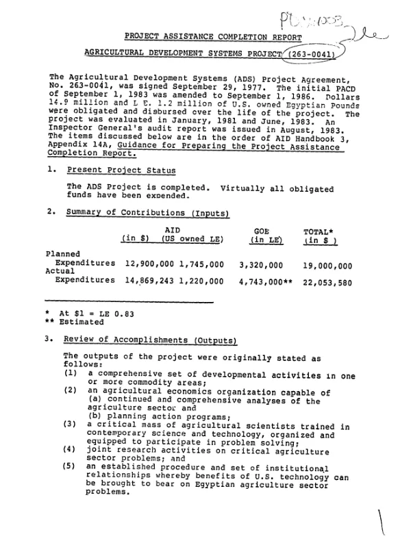 Project assistance completion report : agricultural development systems project (263-0041)