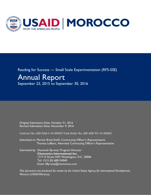 Reading for Success — Small Scale Experimentation (RFS-SSE) Annual Report September 23, 2015 to September 30, 2016