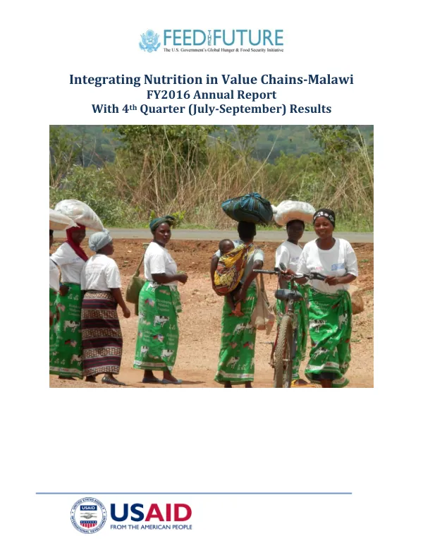 Integrating Nutrition in Value Chains-Malawi FY2016 Annual Report With 4th Quarter (July-September) Results