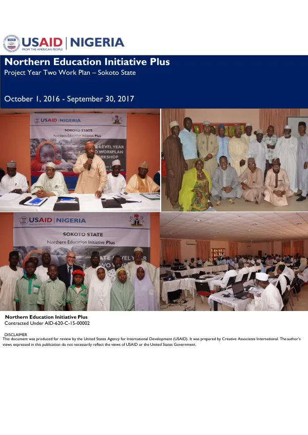 Northern Education Initiative Plus Project Year Two Work Plan - Sokoto State October 1, 2016 - September 30, 2017