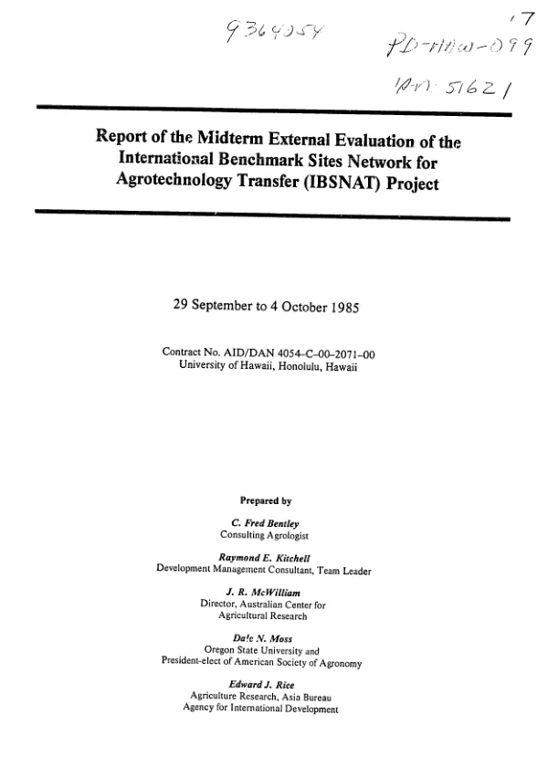 Report of the midterm external evaluation of the international benchmark sites network for agrotechnology transfer (IBSNAT) project ; 29 September to 4 October 1985