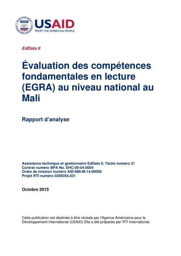 Evaluation des competences fondamentales en lecture (EGRA) au niveau national au Mali Rapport d"analyse
