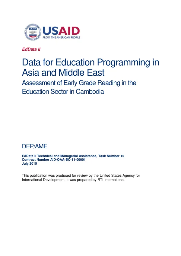 Data for education programming in Asia and the Middle East : assessment of early grade reading in the education sector in Cambodia