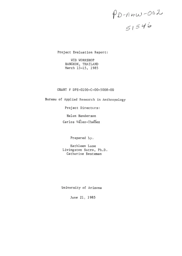 Project evaluation report : WID workshop, Bangkok, Thailand, March 13-15, 1985
