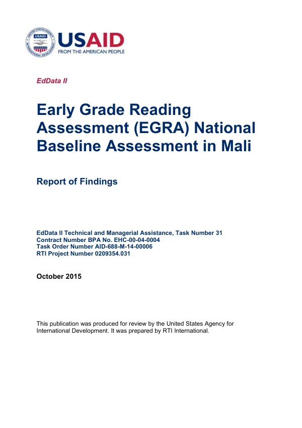 Early grade reading assessment (EGRA) national baseline assessment in Mali