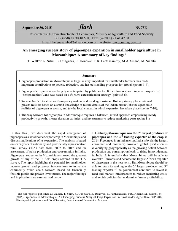 An emerging success story of pigeonpea expansion in smallholder agriculture in Mozambique: A summary of key findings