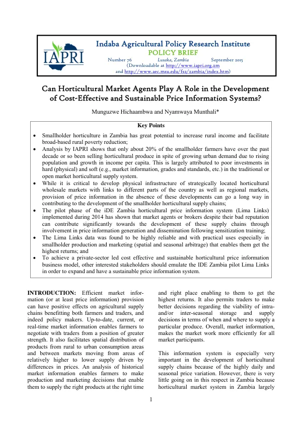 Can Horticultural Market Agents Play A Role in the Development of Cost-Effective and Sustainable Price Information Systems?