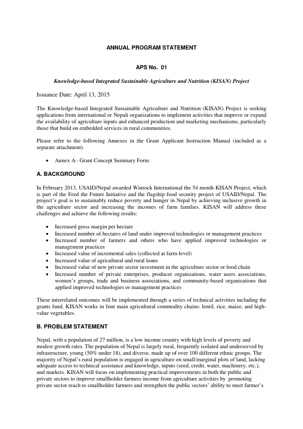 Knowledge-based Integrated Sustainable Agriculture and Nutrition (KISAN) Annual Program Statement