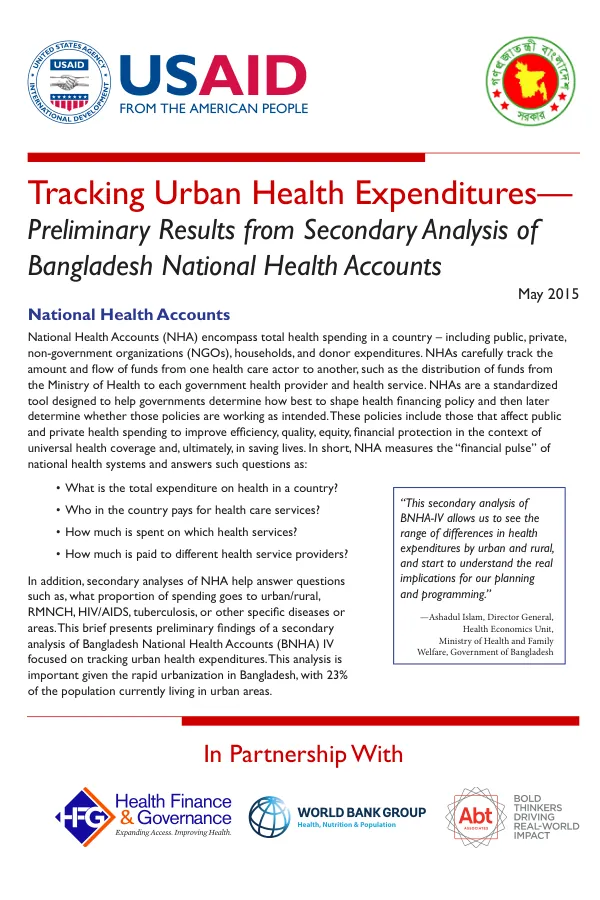 Tracking Urban Health Expenditures - Preliminary Results from Secondary Analysis of Bangladesh National Health Account
