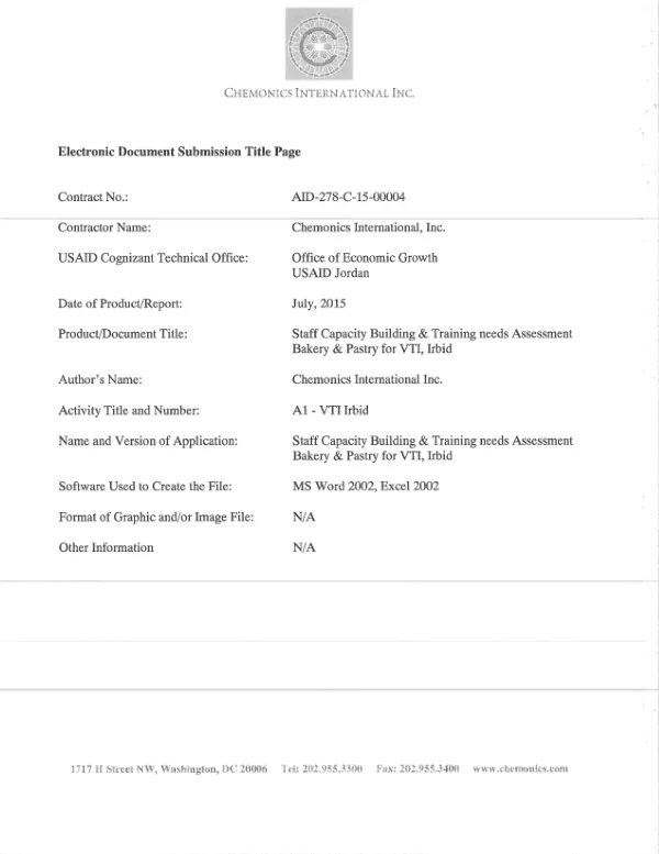 Staff Capacity Building & Training Needs Assessment: Bakery & Pastry for VTI, Irbid