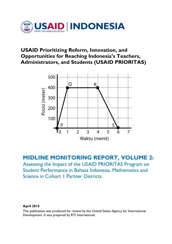 Midline monitoring report, Volume 2: assessing the impact of the USAID PRIORITAS program on student performance in Bahasa Indonesia, mathematics and science in cohort 1 partner districts