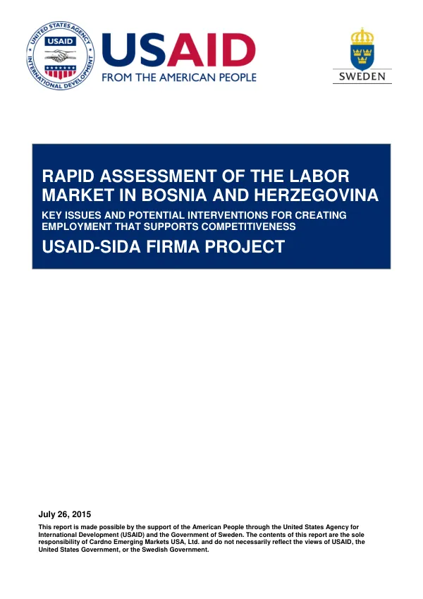USAID-Sida FIRMA Project Rapid Assessment of the Labor Market in Bosnia and Herzegovina