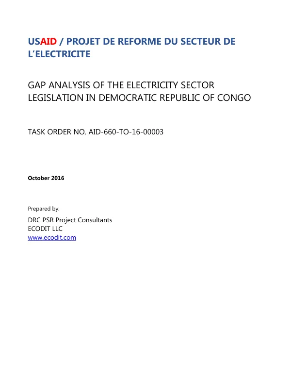 Gap Analysis of the Electricity Sector Legislation in the Democratic Republic of Congo