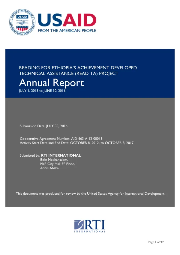 Reading for Ethiopia"s Achievement Developed Technical Assistance (READ TA) project Annual Report July 1, 2015 to June 30, 2016