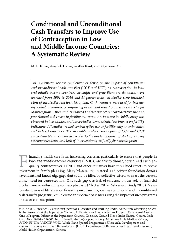 Conditional and Unconditional Cash Transfers to Improve Use of Contraception in Low and Middle Income Countries: A Systematic Review