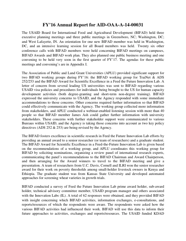 FY’16 Annual Report for AID-OAA-A-14-00031