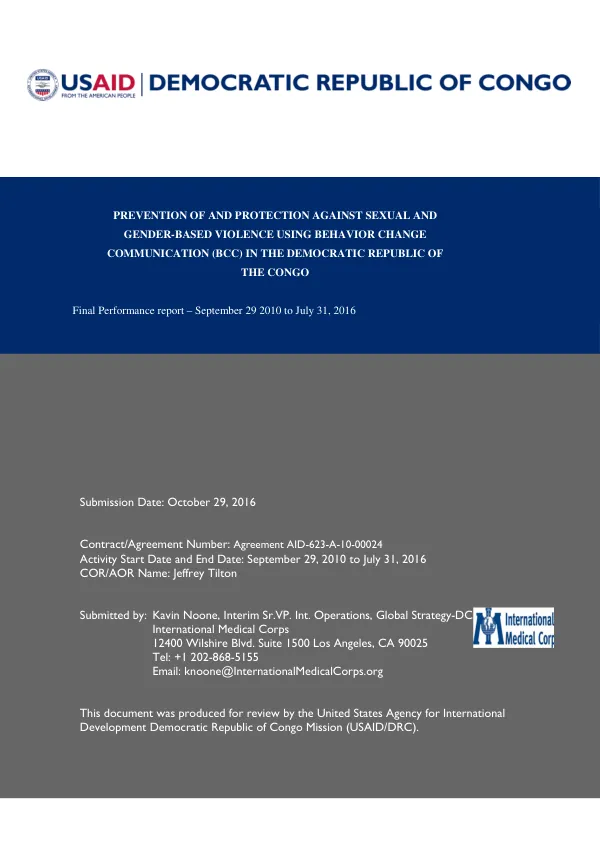 PREVENTION OF AND PROTECTION AGAINST SEXUAL AND GENDER-BASED VIOLENCE USING BEHAVIOR CHANGE COMMUNICATION (BCC) IN THE DEMOCRATIC REPUBLIC OF THE CONGO