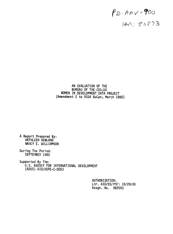 Evaluation of the Bureau of the Census women in development data project (amendment 2 to RSSA BuCen, March 1980)