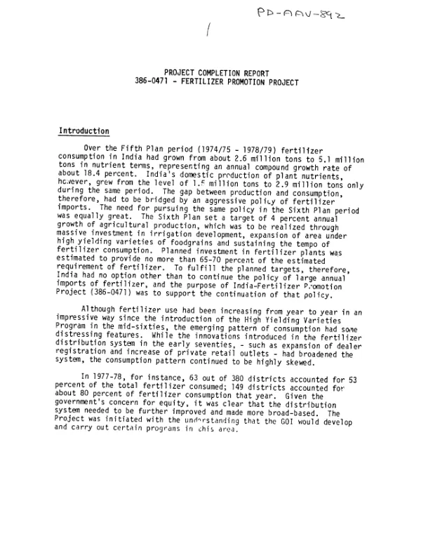 Project completion report : 386-0471-fertilizer promotion project