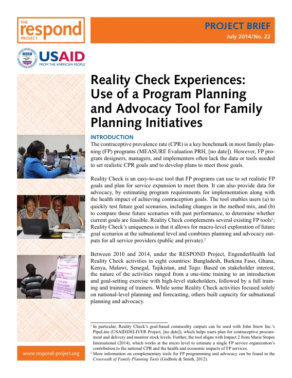 Reality Check Experiences: Use of a Program Planning and Advocacy Tool for Family Planning Initiatives