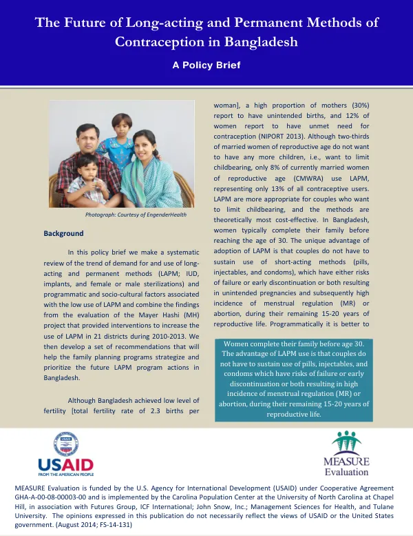 The Future of Long-acting and Permanent Methods of Contraception in Bangladesh. A Policy Brief.
