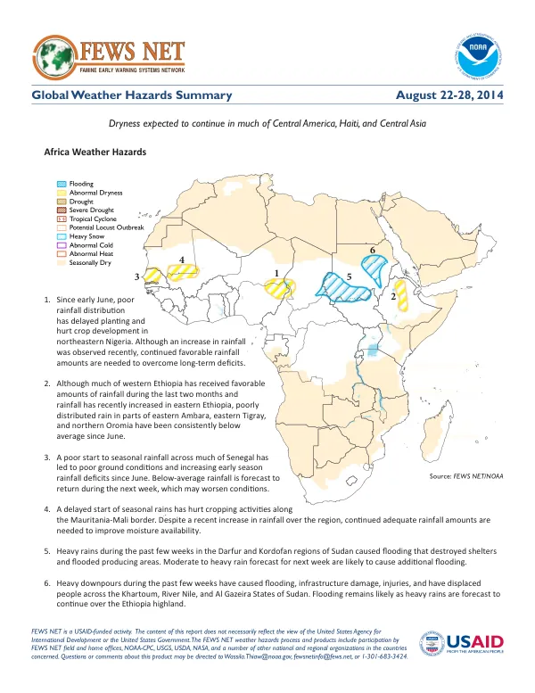 Global weather hazards summary, August 22-28, 2014