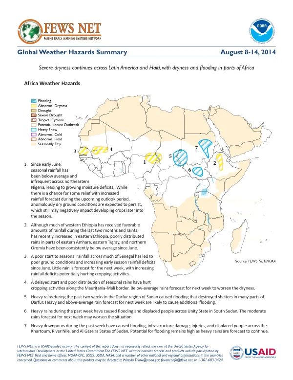 Global weather hazards summary, August 8-14, 2014