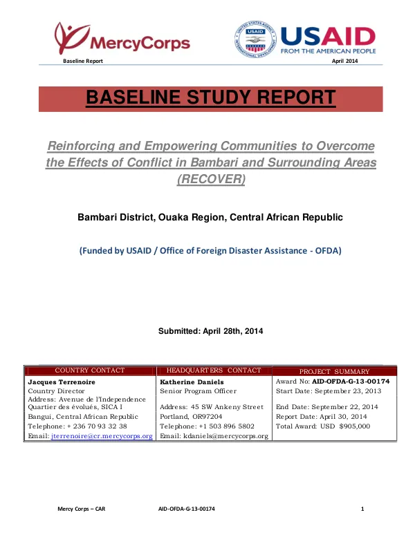 FY14 Baseline Report - CAR - OFDA "RECOVER"