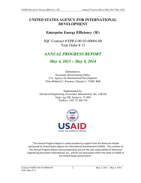 Enterprise Energy Efficiency (3E) ANNUAL PROGRESS REPORT, May 4, 2013 – May 4, 2014