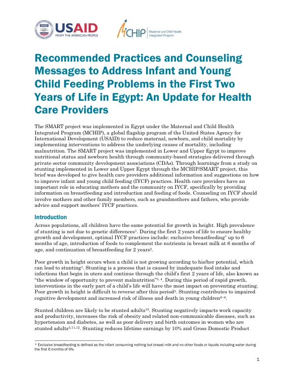 Recommended Practices and Counseling Messages to Address Infant and Young Child Feeding Problems in the First Two Years of Life in Egypt: An Update for Health Care Providers