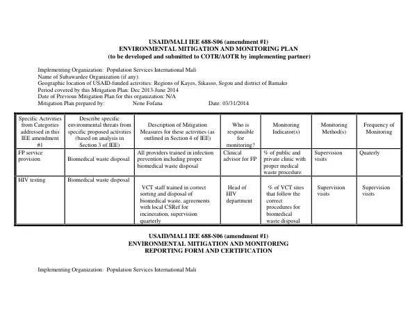 MCHIP_Mali_IEE form_ EMMP and Env reporting templates for partners_PSI_Q2_March2014