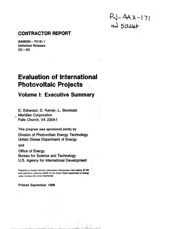 Evaluation of international photovoltaic projects, volume I : executive summary